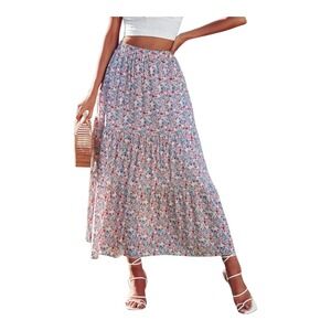 KIRUNDO Womens Floral Tiered Maxi Skirt Pink Blue Boho Elastic Waist Large